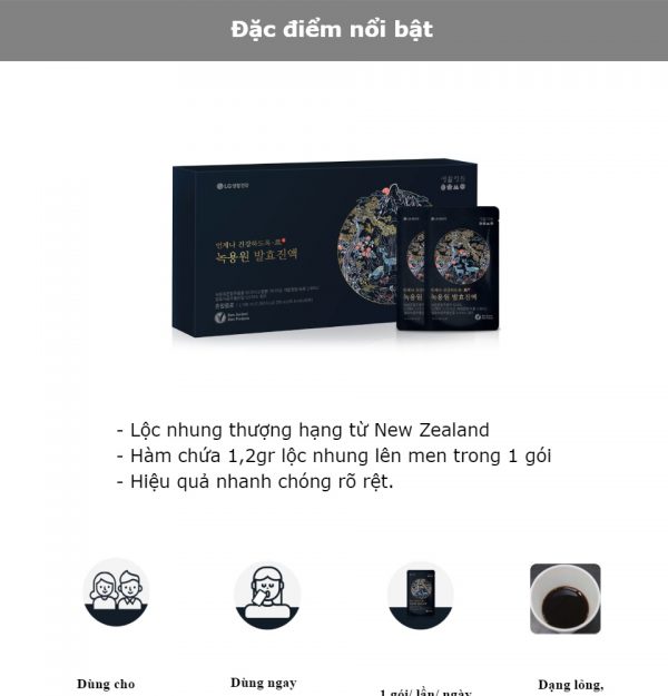 Nước lộc nhung chứa chiết xuất lộc nhung lên men từ New Zealand kết hợp cùng các loại thảo dược giúp tăng cường sức khỏe, giảm mệt mỏi.